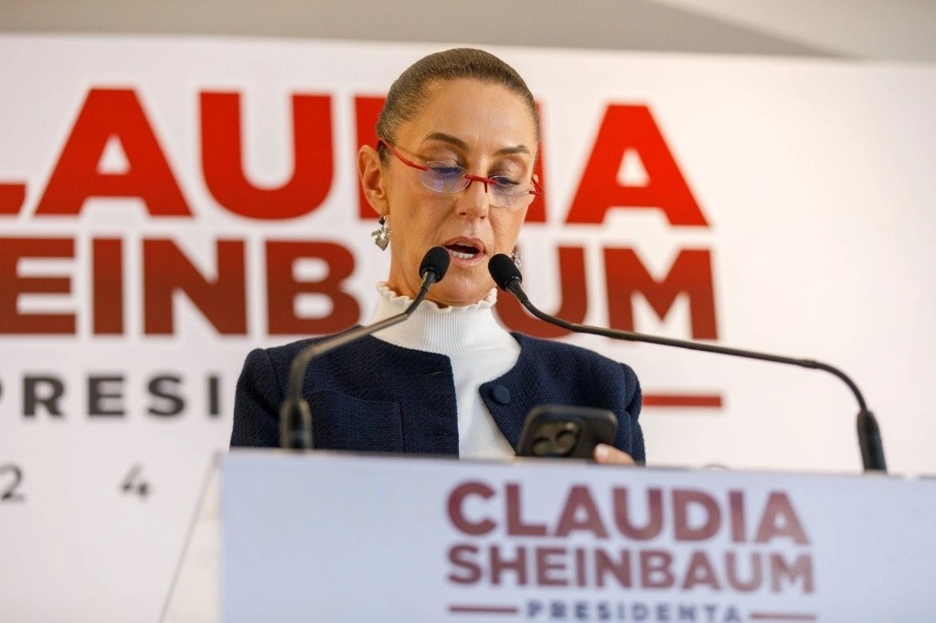 La virtual presidenta electa, Claudia Sheinbaum, durante una conferencia, en el Polyforum Siqueiros, en la Ciudad de México, el 2 de julio de 2024.