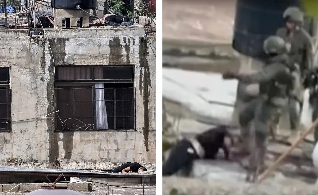 Militares israelíes empujaron el jueves cuatro cuerpos, aparentemente sin vida, desde el techo de un edificio durante una redada en la Cisjordania reocupada, de acuerdo con periodistas y videos.