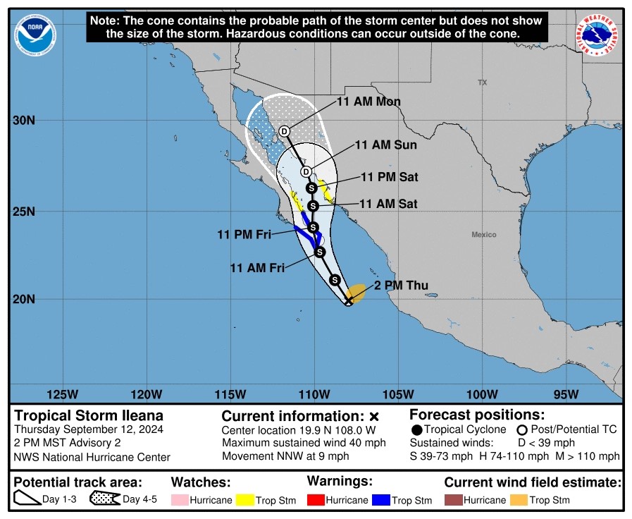 Tormenta tropical Ileana aumentó su velocidad y tocará tierra en el antes de las 17 horas de este viernes. 