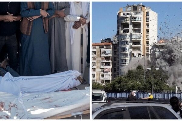 Víctimas de bombardeos en Jan Yunis. A la derecha, colapso de un edificio al ser impactado en Beirut. Ambos ataques fueron perpetrados por Israel.