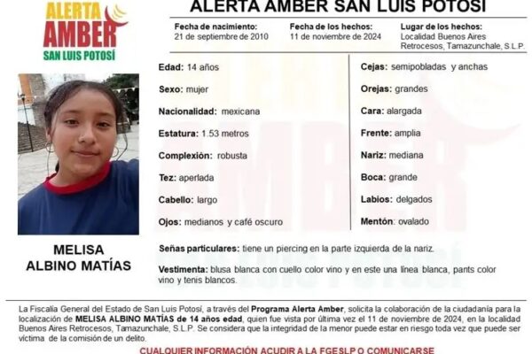 Melisa Albino Matías de 14 años fue vista por última vez el 11 de noviembre en el municipio de Tamazunchale, SLP. 