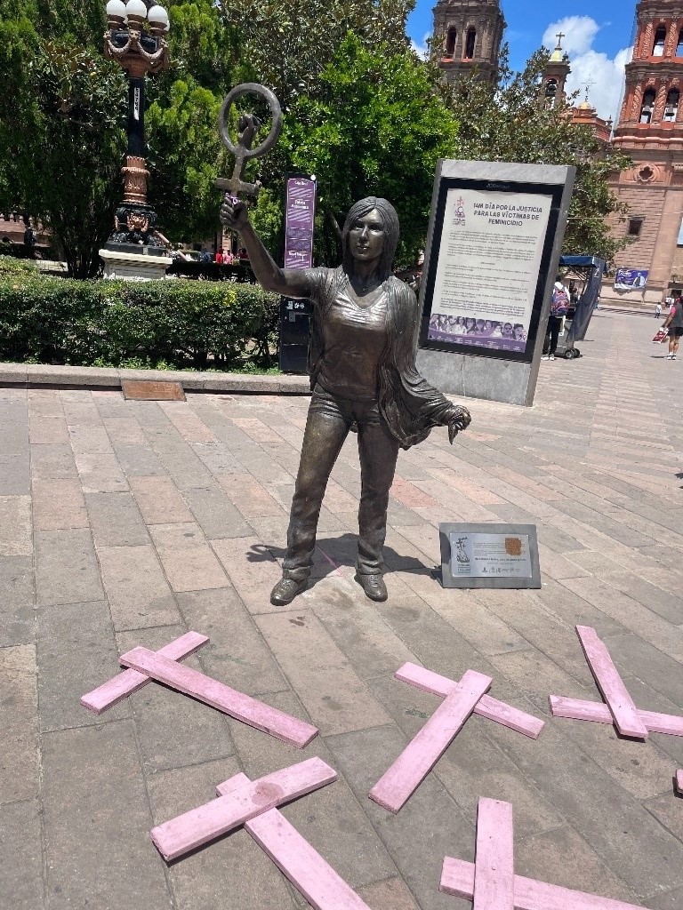 La colectiva 'We R Women On Fire' exhibió en la Plaza de Armas, centro histórico de la ciudad de San Luis Potosí un tendedero con casos de feminicidios a nivel nacional en conmemoración del 25 de noviembre.