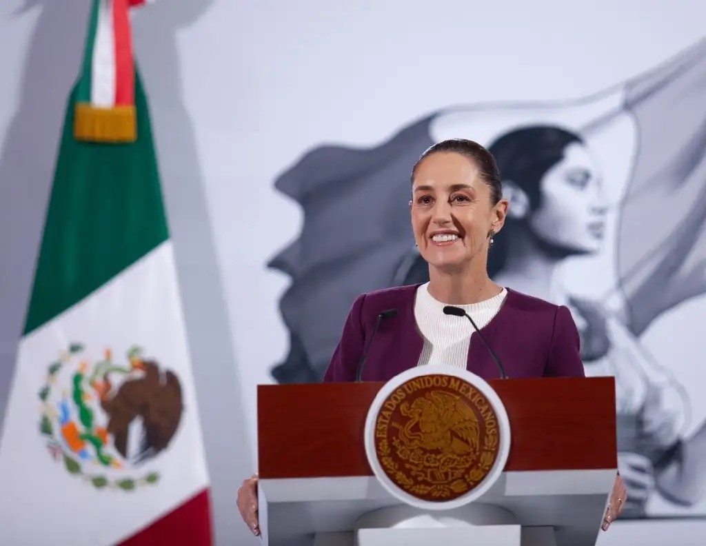 La presidenta Claudia Sheinbaum, durante su conferencia desde Palacio Nacional. 