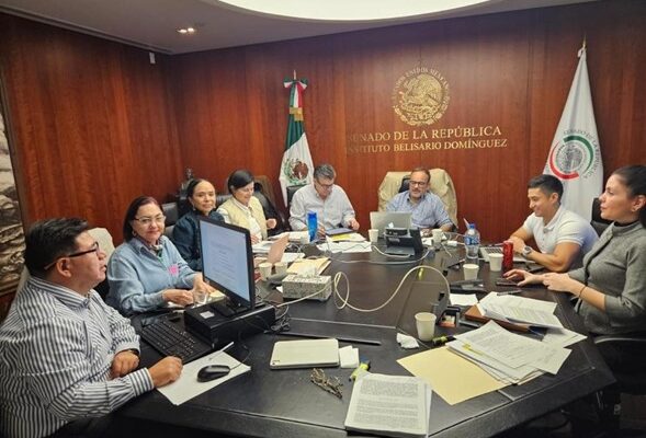 El Comité de Evaluación del Poder Legislativo Federal da un pronunciamiento sobre el proceso para la selección de aspirantes a los cargos del Poder Judicial de la Federación, con la presencia de Maribel Méndez, Patricia Briseño, Maday Merino, y Gabriela Sánchez en el recinto de Xicoténcatl del Senado, en el Centro Histórico de la Ciudad de México, el 15 de enero de 2025.