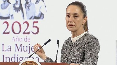 La presidenta Claudia Sheinbaum, durante su participación en el Encuentro Nacional Municipal 2025, en el World Trade Center de la Ciudad de México, el 16 de enero de 2025.