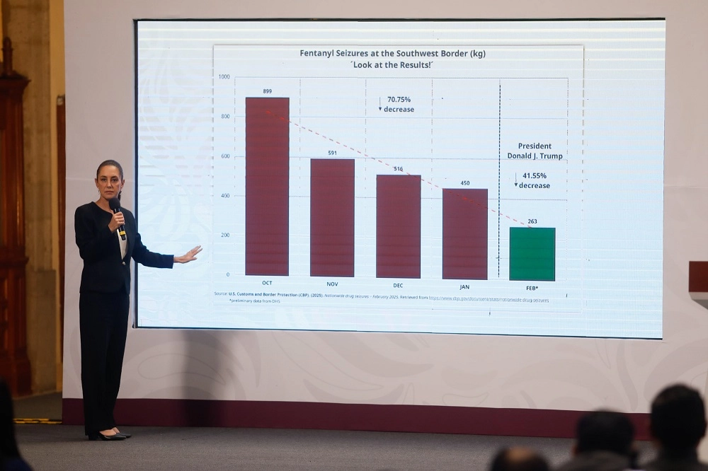 La Presidenta de México, Claudia Sheinbaum, durante su conferencia matutina en Palacio Nacional en la Ciudad de México, el 6 de marzo de 2025.