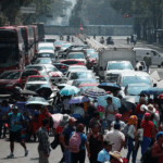 Maestros integrantes de la CNTE de diferentes estados, bloquean la circulación en Paseo de la Reforma, en la Ciudad de México, 21 de mayo de 2025.