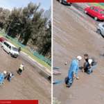 Operadores de la ruta 69, desalojan las aguas pluviales acumuladas sobre la vía rápida Periférico Oriente, justo en la zona limítrofe entre la CDMX y el Edomex.