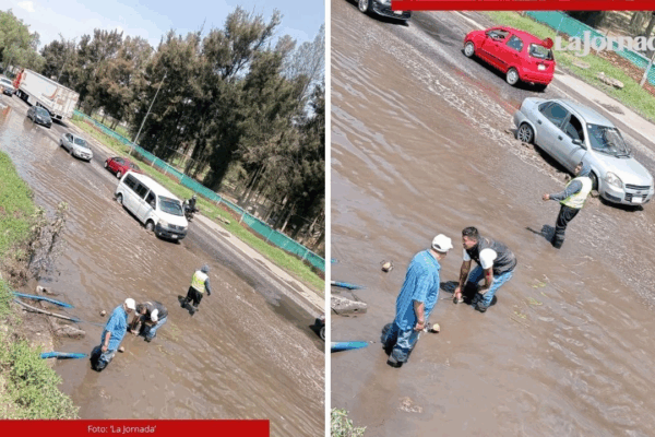 Operadores de la ruta 69, desalojan las aguas pluviales acumuladas sobre la vía rápida Periférico Oriente, justo en la zona limítrofe entre la CDMX y el Edomex.