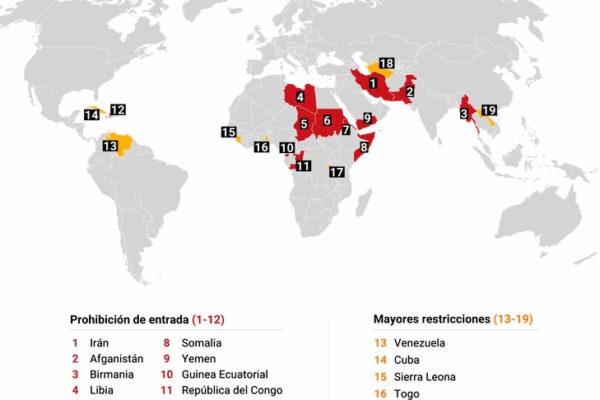 Mapa con restricciones de entrada a ciudadanos de otros países anunciadas por Estados Unidos.