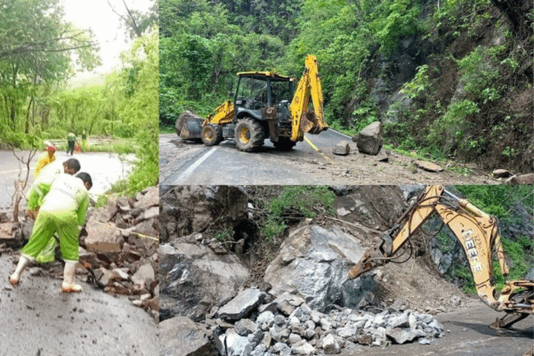 Maquinaria y trabajadores de la SICT retirando los escombros.