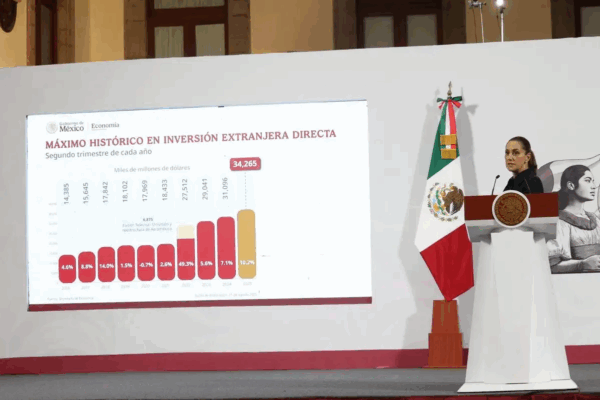 La presidenta de México, Claudia Sheinbaum, durante su conferencia matutina en Palacio Nacional en la Ciudad de México, el 21 de agosto de 2025.