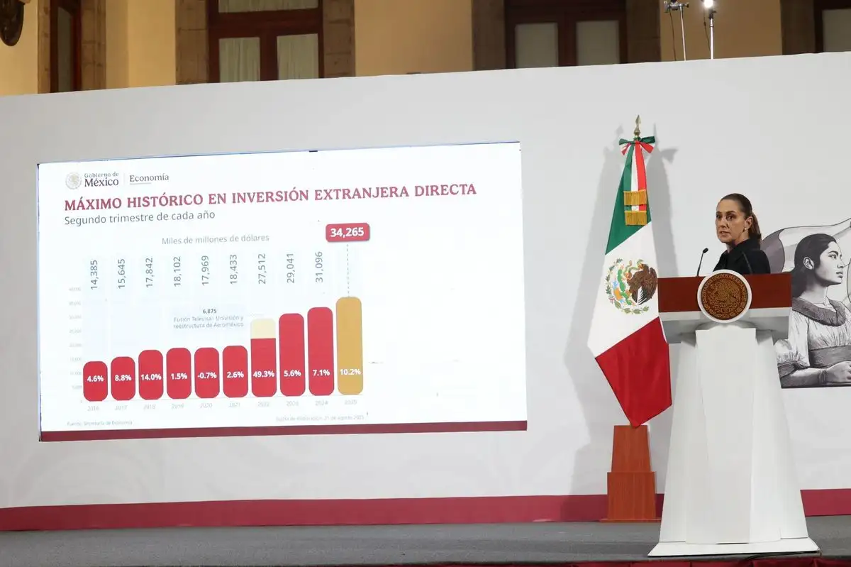 La presidenta de México, Claudia Sheinbaum, durante su conferencia matutina en Palacio Nacional en la Ciudad de México, el 21 de agosto de 2025.