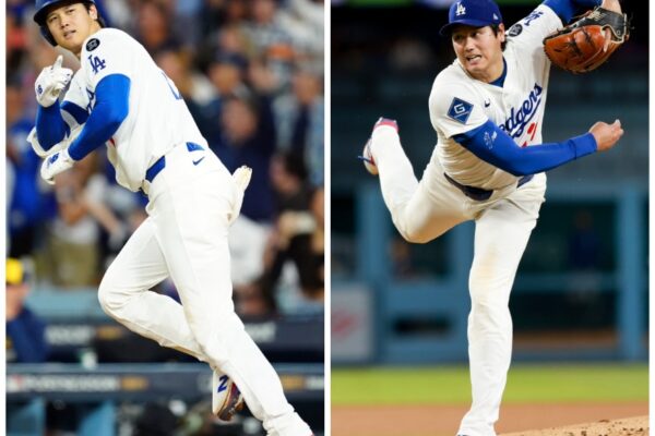 Shohei Ohtani, de los Dodgers de Los Ángeles, celebra el triunfo ante los Azulejos de Toronto en 18 entradas, en la Serie Mundial.