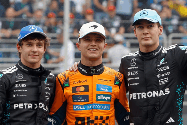 El británico Lando Norris de la escudería McLaren se adjudicó la carrera esprint del GP de Brasil; Kimi Antonelli y George Russell de Mercedes llegaron en segundo y tercer lugar respectivamente, en el circuito de Interlagos en Sao Paulo, el 8 de noviembre de 2025.