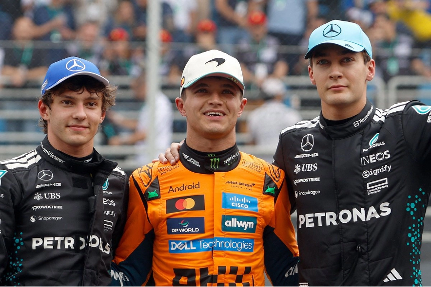 El británico Lando Norris de la escudería McLaren se adjudicó la carrera esprint del GP de Brasil; Kimi Antonelli y George Russell de Mercedes llegaron en segundo y tercer lugar respectivamente, en el circuito de Interlagos en Sao Paulo, el 8 de noviembre de 2025.