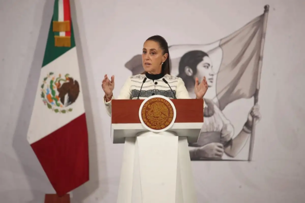 La presidenta Claudia Sheinbaum, durante su conferencia de este martes 3 de febrero, desde Palacio Nacional.