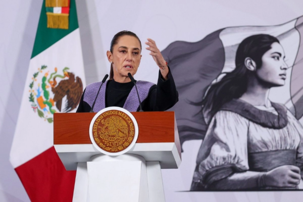 La presidenta Claudia Sheinbaum, durante su conferencia de este jueves desde Palacio Nacional. 